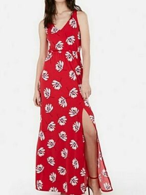 Express Red Floral Maxi Dress with Side Slit